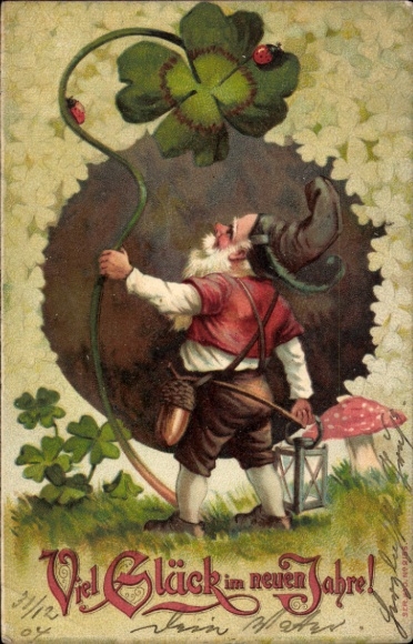 litho Gelukkig nieuwjaar, dwerg, klavertje vier, paddenstoel