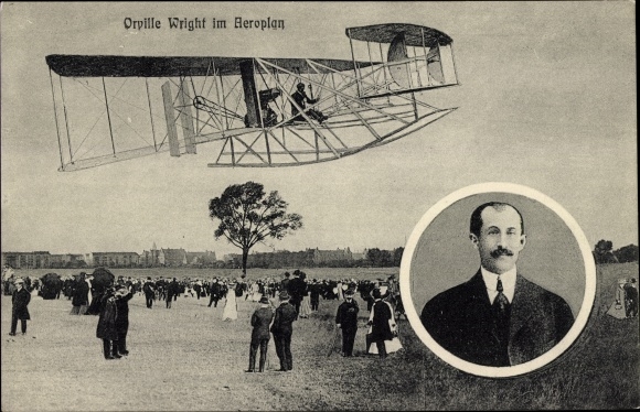 Ak Orville Wright in Aeroplan, Flugpionier, Biplan