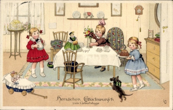 Artist Postcard Congratulations Birthday, Children, Dachshund, Meissner & Book 2443