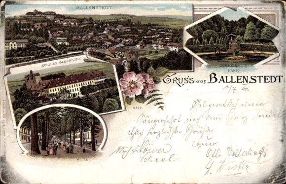 Litho Ballenstedt im Harz, Schloss Ballenstedt, Schlosspark, Allee und Panorama vom Ort