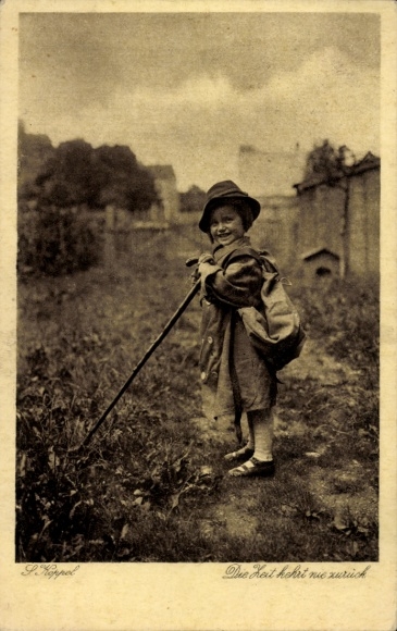 Postcard Time never returns, girl with backpack