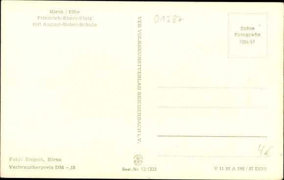 Postcard Riesa on the Elbe Saxony, Friedrich Ebert Platz with August Bebel School