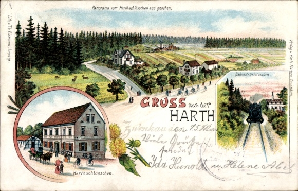 Chromo-Litho Zwenkau in Saxony, Greetings from the Harth, Harth Castle, railway guard's house, steam locomotive