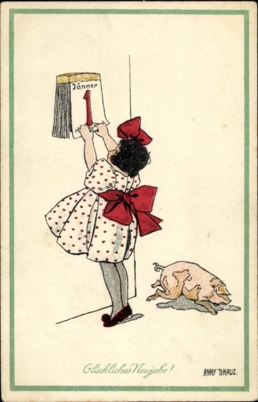 Happy New Year, girl with calendar, pig