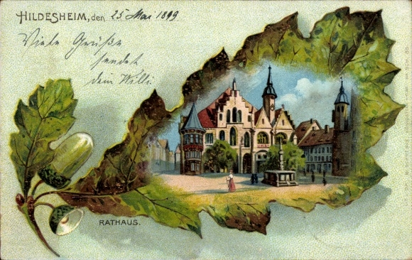 Oak leaf passepartout litho Hildesheim in Lower Saxony, town hall