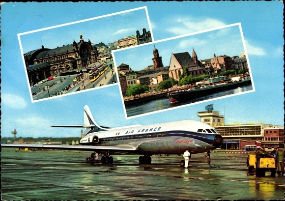 Ak Frankfurt am Main, Flughafen, Air France Flugzeug, Bahnhof, Stadt