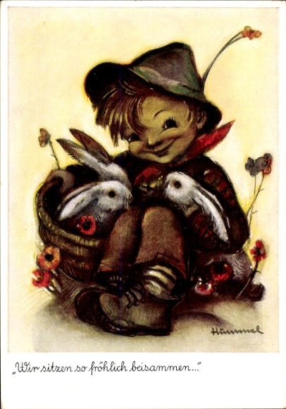 Künstler Ak Hummel, Berta, Wir sitzen so fröhlich beisammen, Junge, Kaninchen, Nr. 4950