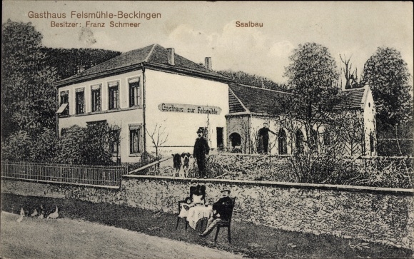 Postcard Beckingen in Saarland, inn Felsmühle, hall construction