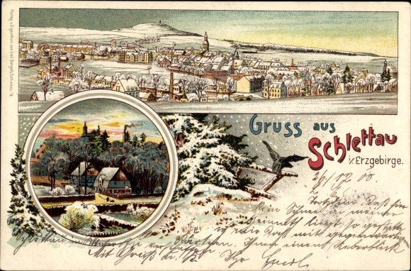 litho Schlettau in het Ertsgebergte, wintergezicht