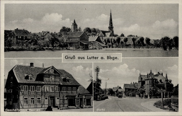 Postcard Lutter am Barenberge in Lower Saxony, partial view, Hermes commercial building, market
