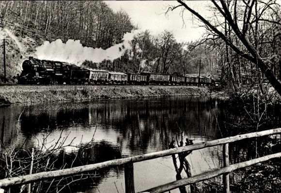 Picture PC Hartenstein in the Ore Mountains of Saxony, steam locomotive class 58, freight train, forest, water, Black Forest...