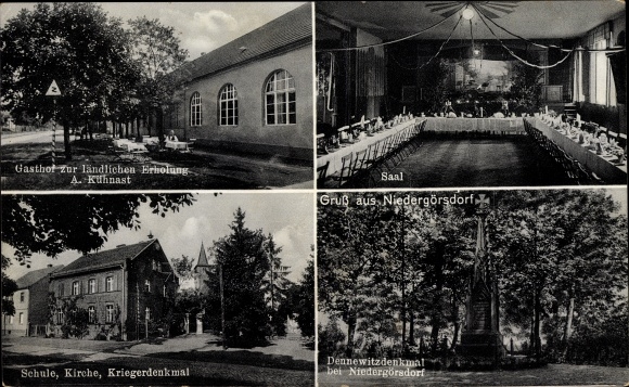 Postcard Niedergörsdorf Brandenburg, inn for rural recreation, Dennewitz monument, school
