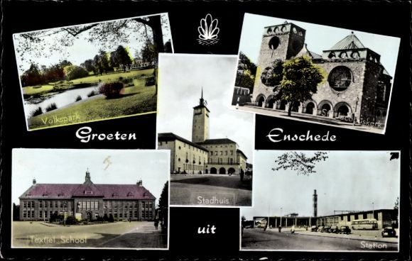 Postcard Enschede Overijssel Netherlands, train station, public park, church, textile school