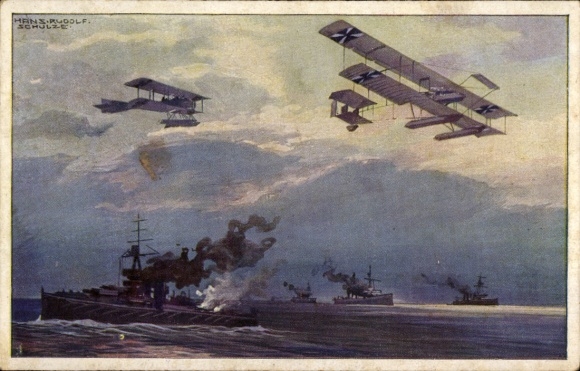 Artist Postcard Schulze, Hans Rudolf, Seaplanes over the English fleet, I. WK
