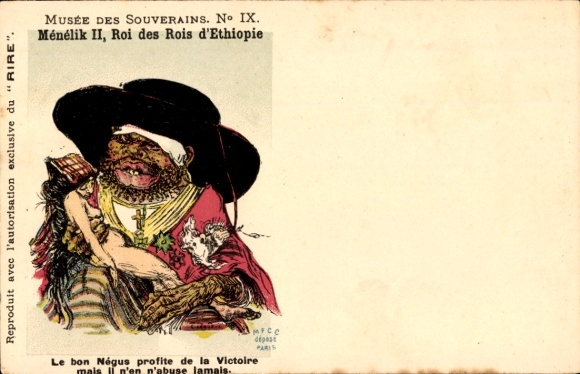 Postcard Menelik II, King of Ethiopia, caricature, Musee des Souverains IX
