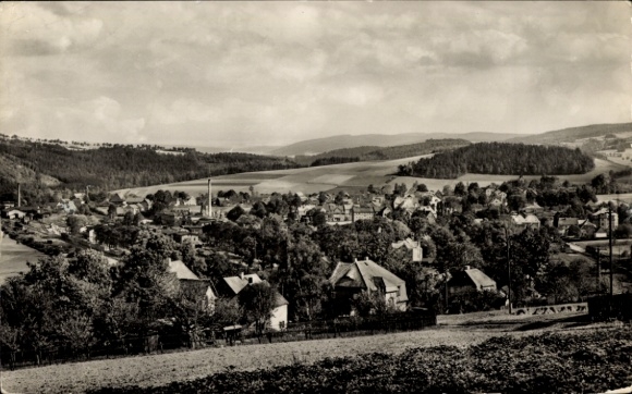 Postcard Rabenau in the Ore Mountains, view of the village, surrounding landscape, clouds in the sky