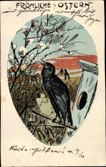 Passepartout PC congratulations Easter, crow with pussy willow