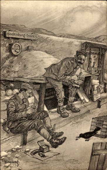 Artist Postcard Kurzweg, soldiers in the trench, Essen, Hindenburg Trench, bird, cage