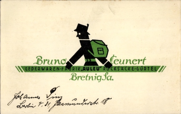 Postcard Bretnig Hauswalde Großröhrsdorf in Saxony, Bruno Leunert leather goods factory Ruleu, backpacks