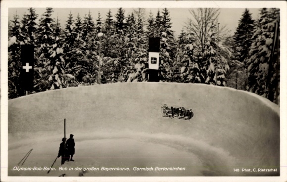 Postcard Garmisch Partenkirchen in Upper Bavaria, Olympic bobsleigh track, Bayernkurve