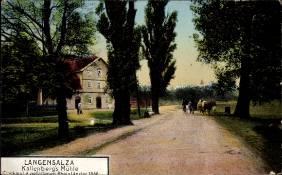Postcard Bad Langensalza in Thuringia, Kallenberg's Mill, memorial, fallen Rhinelander 1866, rural
