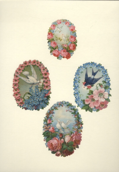4 wafers white doves, swallow in flower wreaths, size approx. 10 x 7 cm and 7 x 5 cm