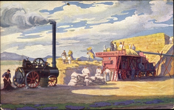Artist PC Buckau Magdeburg on the Elbe, superheated steam threshing sets R. Wolf, steam engine