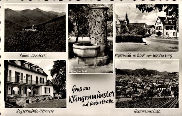 Postcard Klingenmünster on the Palatinate Wine Route, aerial photograph, Landeck ruins, Keysermühle, fountain