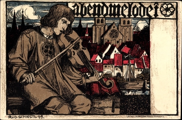 Artist Chromo-Litho Schiestl, R. v., evening melody, man with violin