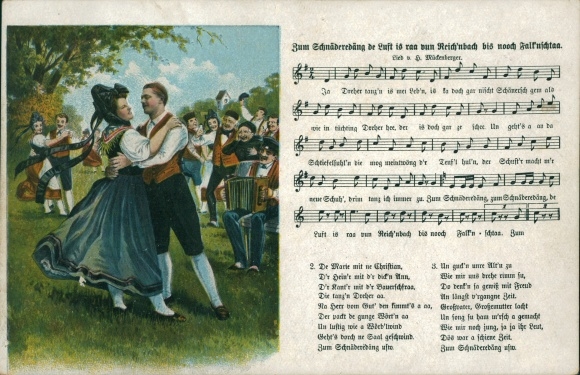 Song Ak Mückenberger, Hilmar, dansers in kostuum, Zum Schnäderdäng de Lust is raa vun Plaue...