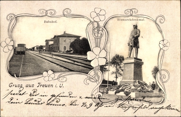 Art Nouveau passe-partout PC Treuen im Vogtland, Bismarck monument, train station