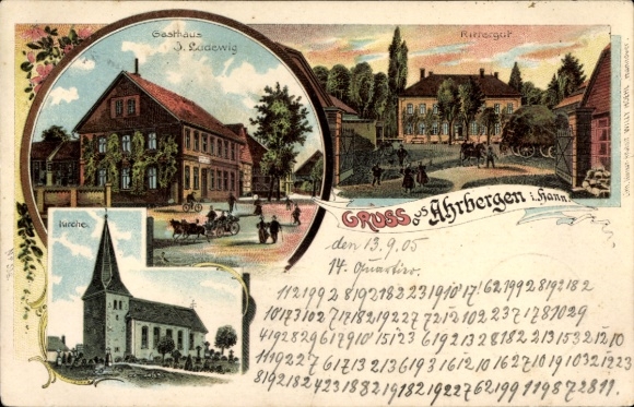 Chromo-Litho Ahrbergen Giesen in Lower Saxony, manor, inn, church
