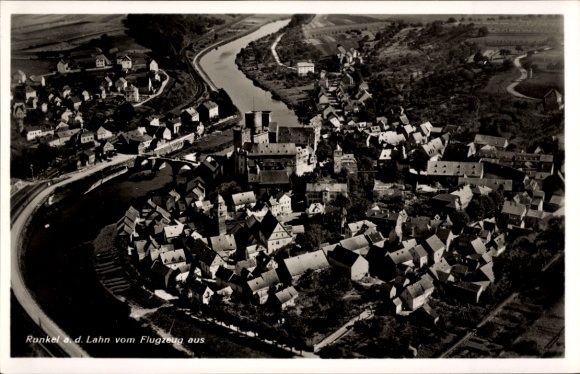 Postcard Runkel an der Lahn, aerial view of river, houses, landscape