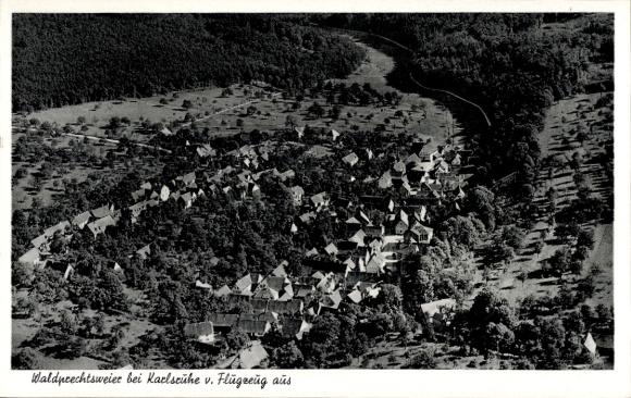Postcard Waldprechtsweier Malsch in Baden, aerial view of Waldprechtsweier, many roofs, river in the background