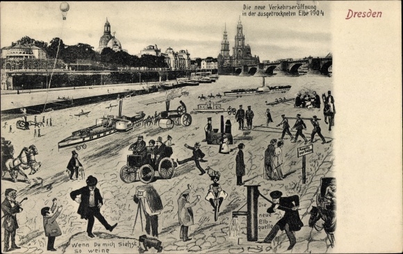 Postcard Dresden, traffic opening in the dried-up Elbe 1904