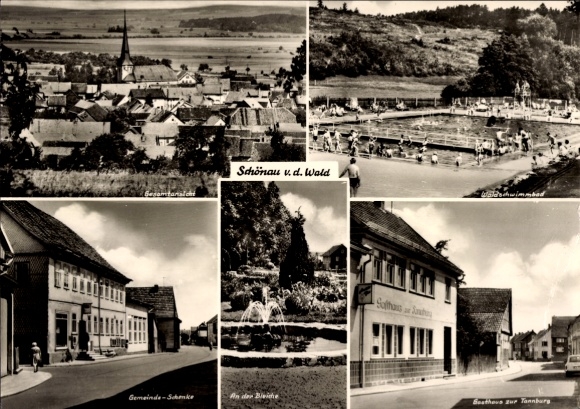 Ak Schönau vor dem Walde in Thüringen, Gesamtansicht, Waldschwimmbad, Gemeinde-Schenke, An der...