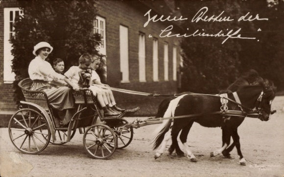 Postcard Crown Princess Cecilie of Prussia with sons in a carriage, ponies