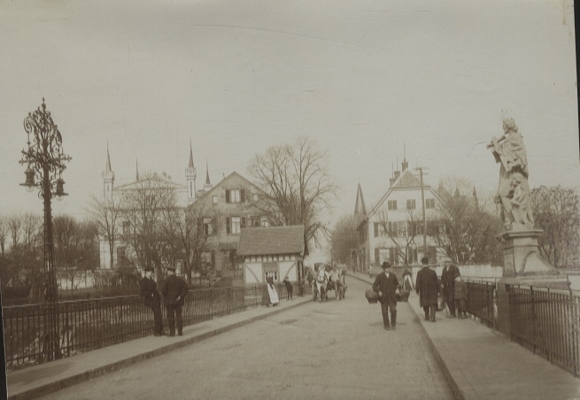 Original photo Rheine in Münsterland, NRW, Ems bridge with Nepomuk statue, around 1900