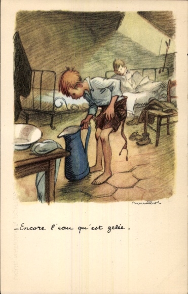 Artist PC Poulbot, Francisque, boys, frozen water in a jug, Ligue Nationale contre le Taudis