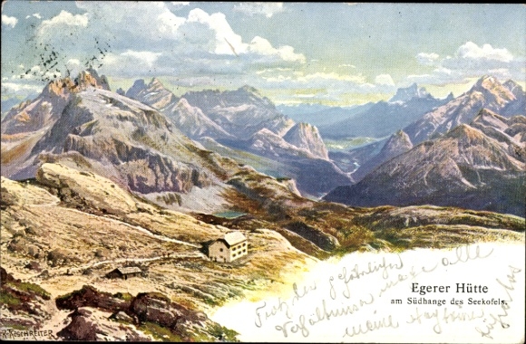 Artist Postcard Riesenreiter, R., Belluno Veneto, Egerer Hütte, view of the Hohe Gaisl, Cristallo