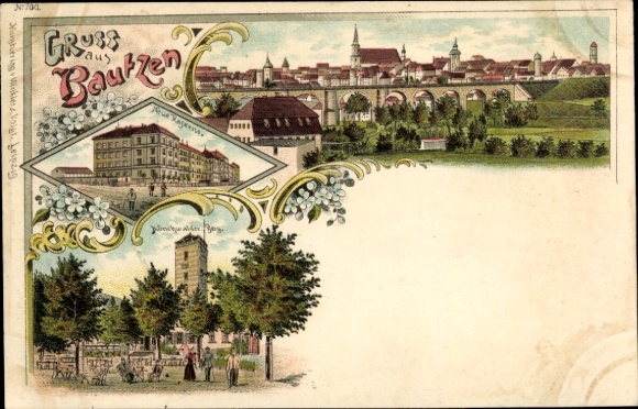 Chromo-Litho Bautzen in Upper Lusatia, general view, new barracks, observation tower, restaurant