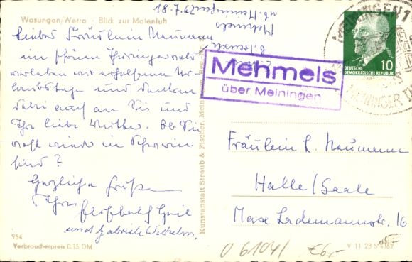 Postcard Wasungen on the Werra, view to Malenluft, old houses