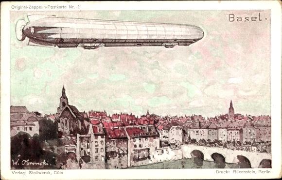 Artist Postcard Bâle Basel City Switzerland, Zeppelin