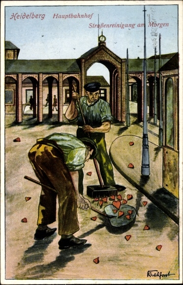 Künstler Ak Heidelberg am Neckar, Hauptbahnhof, Straßenreinigung am Morgen, Herzen