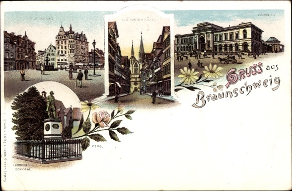 Chromo-Litho Braunschweig in Lower Saxony, Catharinen church, market, train station, Lessing monument