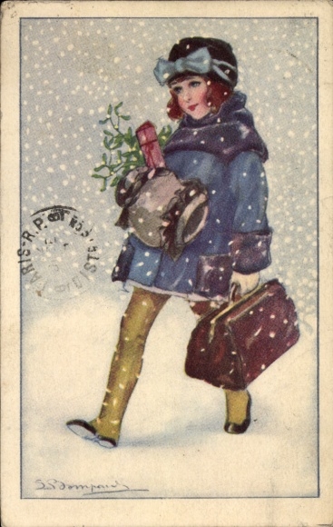 Kunstenaar Ak Gelukkig Nieuwjaar, Bonne Année, meisje, koffer
