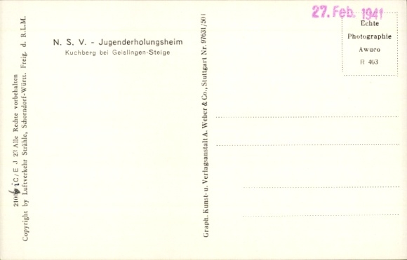 Postcard Geislingen an der Steige, NSV youth recreation center Kuchberg