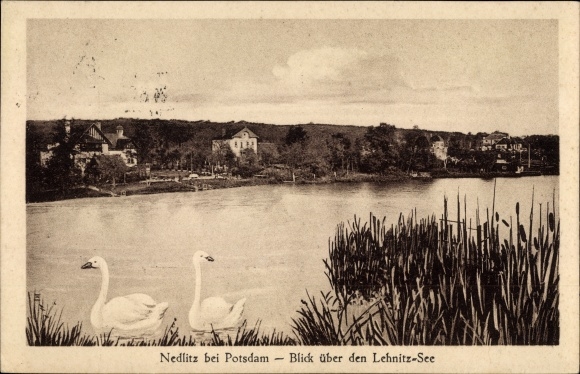 Postcard Nedlitz Potsdam in Brandenburg, view over the Lehnitzsee, swans, park restaurant