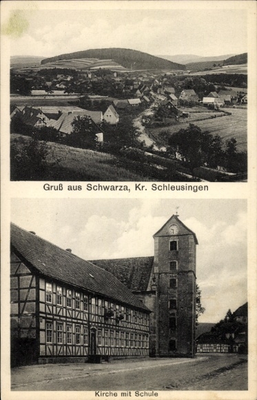 Postcard Schwarza in the Thuringian Forest, panorama, church, school