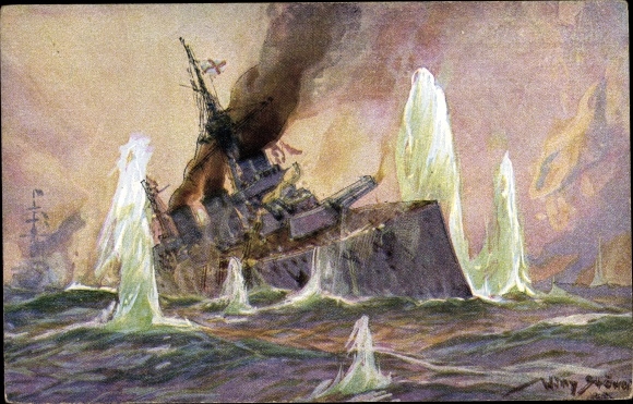 Artist PC Stöwer, Willy, Naval Battle North Sea 1915, English battle cruiser, German cruiser